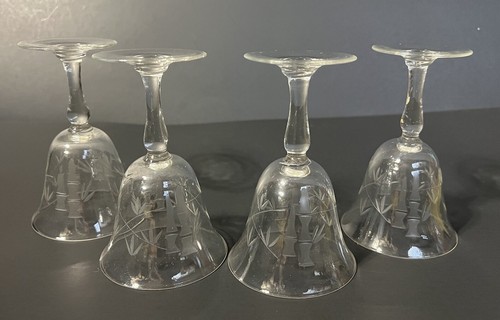 4 Vintage Stemmed Liquor Cordial Bamboo Tropical Themed Etched Aperitif Glasses - Picture 7 of 17