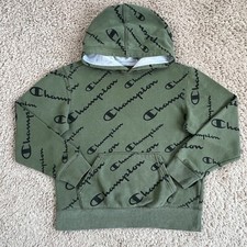 CHAMPION Army Green All-Over Logo Graphic Print Fleece Hoodie Sweatshirt Boys M