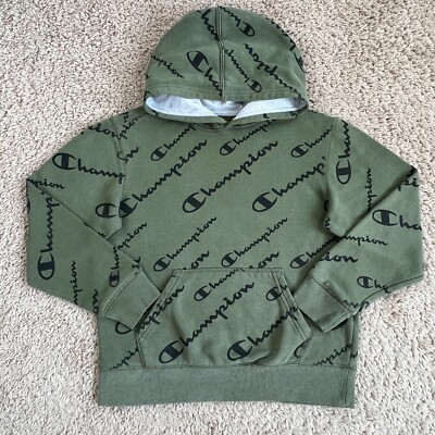 CHAMPION Army Green All-Over Logo Graphic Print Fleece Hoodie