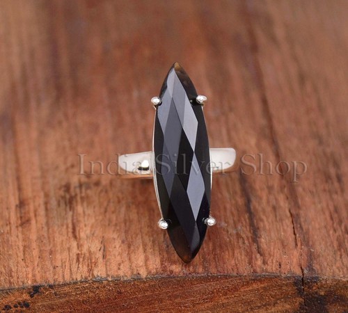 Anello Onice Nero Forma Marquisa Fascia Sterling 925 Maglione Stile Argento Gioielli - Foto 4 di 6