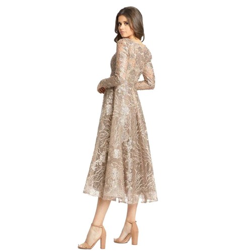 NWT Mac Duggal Embellished Plunge Neck Vintage Gold Long Sleeve Midi Dress 16 - Picture 2 of 11