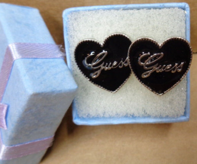 Estate Jewelry ~ GUESS Brand LOGO Silvertone HEART Black Enamel Pierced Earrings