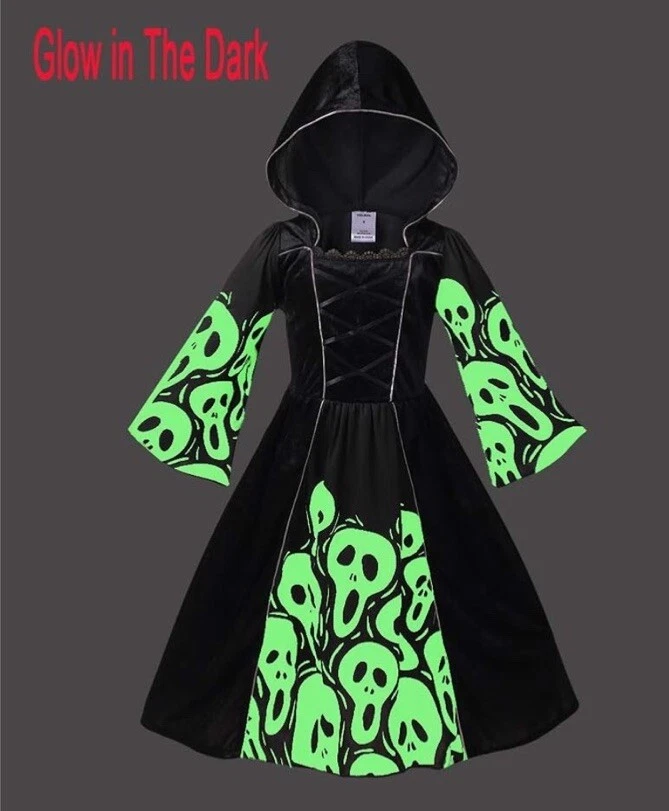 Vestido Gótico Medieval Calavera Disfraz Halloween Terciopelo Negro BRILLA Niñas Talla 6/8Y Foto 3 de 4