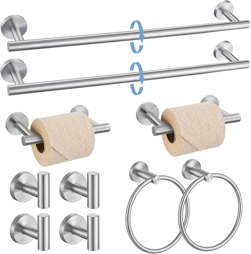 Brushed Nickel round 10-Piece Towel Bar Set Bathroom Hardware Accessories Set Up - Picture 11 of 12