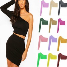 Ladies One Shoulder Long Sleeve Crop Top Bralet Vest Tops 8-26