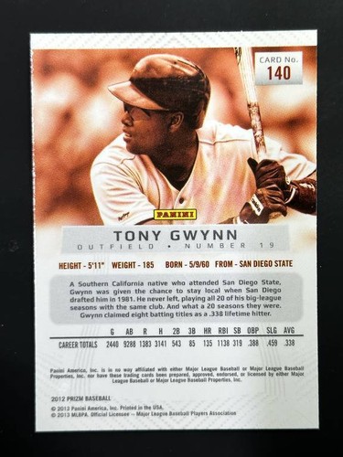 2012 Panini Prizm Baseball Tony Gwynn Padres Base 140 - Picture 2 of 3