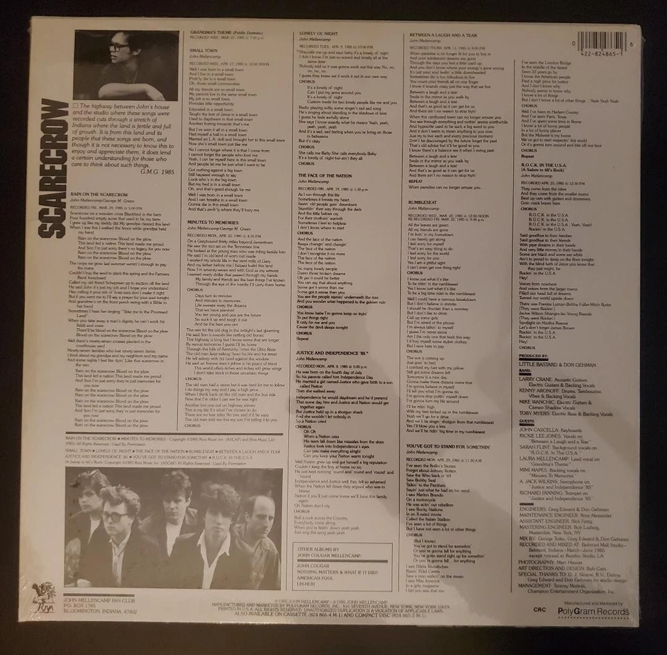 John Cougar Mellencamp *SEALED!* - "Scarecrow" 1985 PolyGram Records Pressing - Image 2 of 2