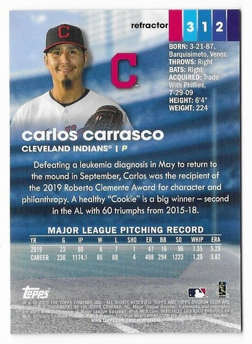 2020 Stadium Club Chrome Refractor #312 Carlos Carrasco Cleveland Topps Parallel - Picture 2 of 2