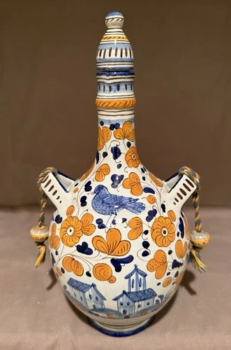 A Rare Deritah Majolica Fask Vase- Italian Tin-Glazed Pottery. Signed. Vintage