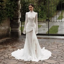 High Neck Mermaid Wedding Dresses Lace Long Sleeve Elegant Corset Pleated Bridal
