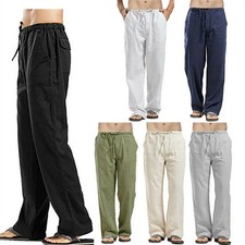 Mens Summer Casual Linen Baggy Pants Soft Cotton Trousers Elastic Waist Loose UK