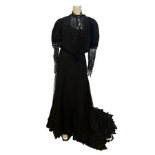 Victorian Black Chantilly Lace Mourning Set Skirt Bodice Antique Velvet Trim