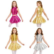 Kids Girls Jazz Dance Performance Outfit Metallic Ruffles Crop Top with Skirt