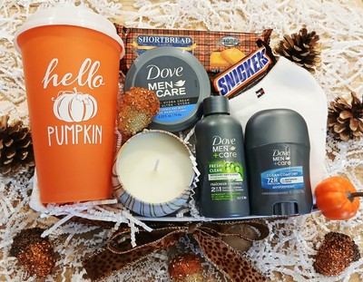  Fall Men's Dove Spa Gift Basket Hamper Socks Tumbler Coffee Cup Candle Cookies