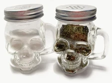 2 Pc SKULL Spice Jar Set Great for Salt Pepper & Herbs w/Screw On Metal Lids NEW