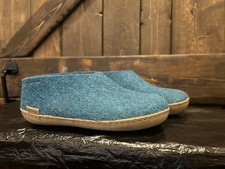 Glerups Shoe Petrol Wool Slipper With Natural Leather Bottom - EU Size 35