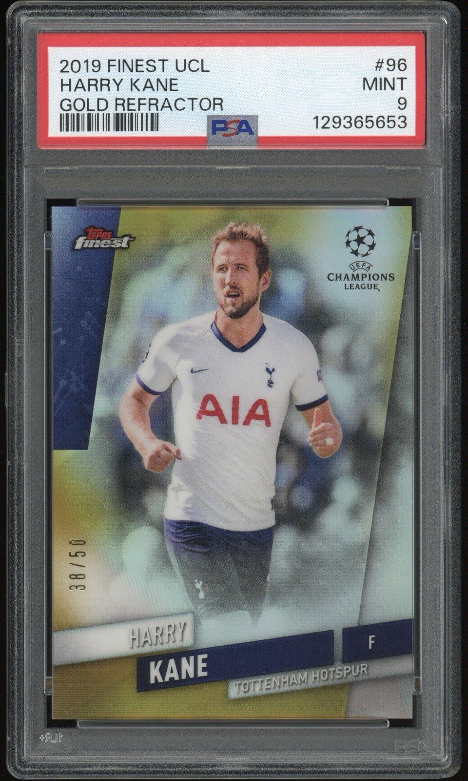 PSA 9 Harry Kane 2019 2020 Topps Finest Champions League #96 Gold Refractor /50