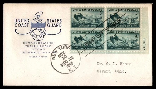 Mayfairstamps US FDC 1945 US Coast Guard Ships Block First Day Cover aaw_54619