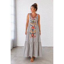 See and Be Seen Embroidered Striped Maxi Dress Small 100% Cotton Boho Tiered