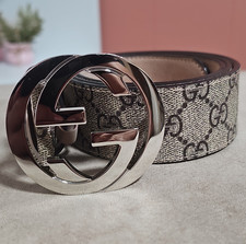 REPSGucci GG Logo Buckle Monogram Belt Beige/Brown Silver Hardware Men's 34 1.5"