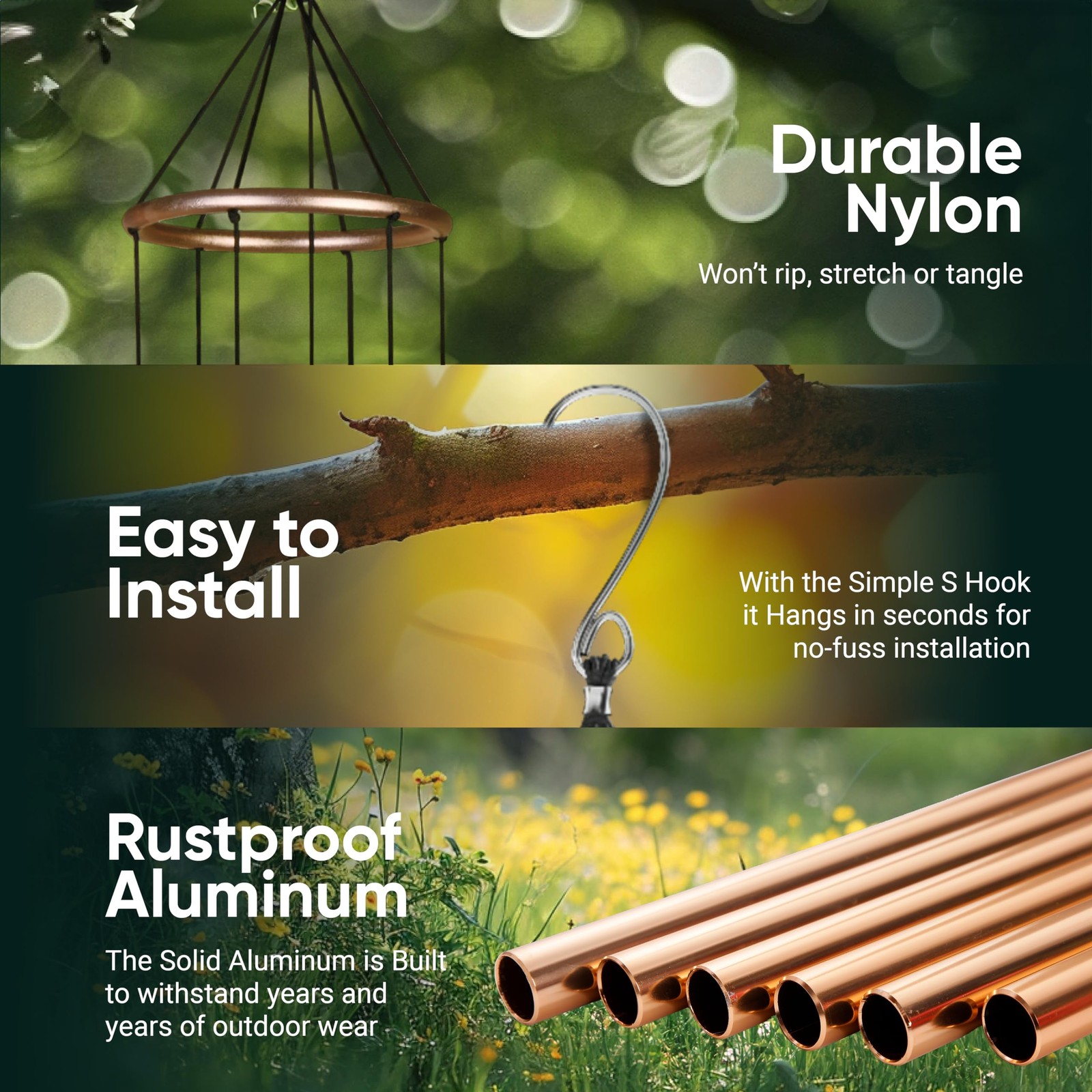 Wind Chimes 6 Tubes E Pentatonic Scale Rustproof Aluminum Sympathy Gift