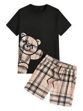 Men's Casual Outfits Short Sleeve Cartoon Bear T Shirt and Drawstring Plaid S...