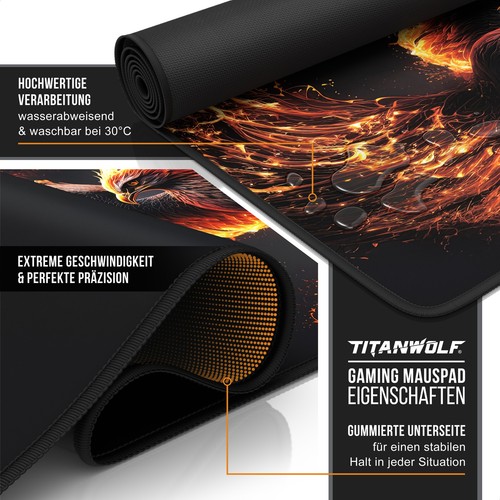 Tapis de souris gaming Titanwolf, 900 x 400, Phoenix lavable antidérapant - Photo 3/7