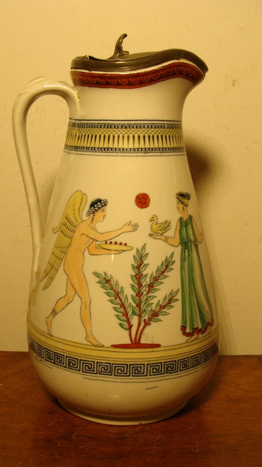 Alter Historismus Jugendstil Fayece Kanne Mythologie bemalt Zinndeckel um 1900 - Bild 1 von 1