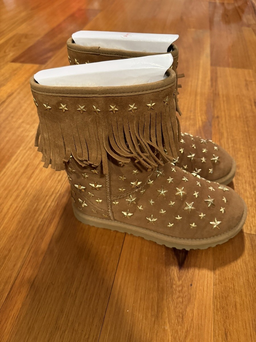 Jimmy Choo Uggs Size 6 Chestnut Fringe Boots Gold Stars In