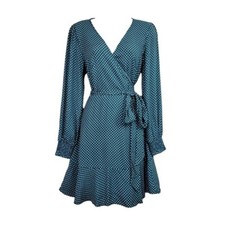 Loft Womens Long Sleeve Green White Polka Dot V-Neck Wrap Mini Dress Size 2 NWT