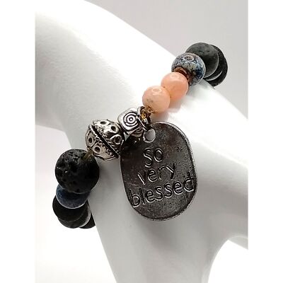 Vintage Lava Rock and Natural Stone Bead Bracelet and Silver Tone Beads an Charm