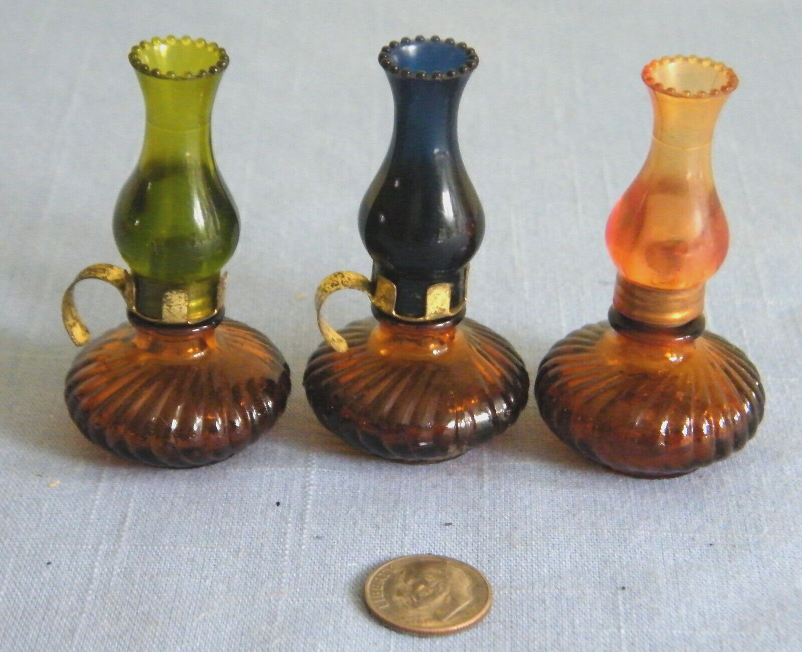 Lot of 3 Vintage Miniature Oil Lamp Perfume Bottles  Glass & Plastic ~ Empty