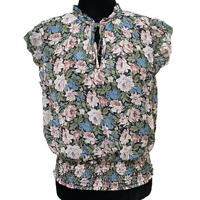 Tamara H Floral Boho Cottagecore Ruffle Tie Neck Smocked Waist Blouse Size Large