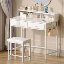 Vanity Desk Without Mirror Makeup Vanity with Drawers and Charging Station White