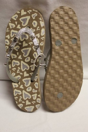 Womens Flip Flops Shoes Brown Silver Leopard Small 5 - 6 Summer Sandals Hearts - Picture 3 of 3