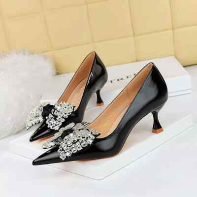 Pumps Schuhe 4 CM Elegant Schwarz Strass Komfortabel Leder Kunststoff 77046