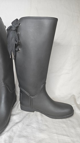 Coach Tristee Lined Rain Boots Womens Size 8.5 Black Matte Knee High Lace Up Bow - Picture 5 of 13