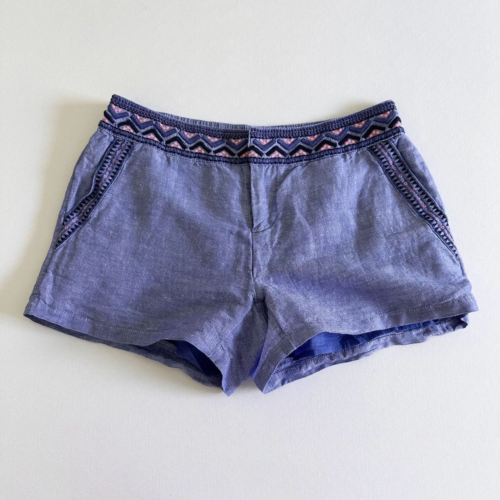 Vineyard Vines Women’s Linen Cotton Shorts Size 4 Blue Embroidered Casual Summer