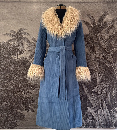Urban Outfitters Tasha Coat Corduroy Afghan Faux Fur Blue Long Jacket M 10 12 - Picture 3 of 15