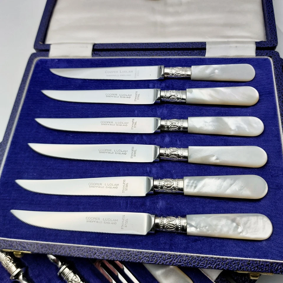 Mother Of Pearl Handle Cased Dessert Knives & Forks Cooper Ludlam Steel Vintage - Image 2 of 4