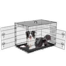 Dog Crate, 42 Inch Double Door Folding Metal Wire Dog Cage with Plastic Leak-...
