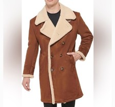 NWT 350 GUESS Men s XXL Brown Faux Shearling Suede Overcoat Double Breasted