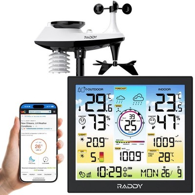 Raddy WF-120C Wi-Fi Weather Station: 10'' Color Display & Rain Gauge