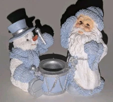 Vintage Encore Snow Buddies 1998 Santa Candle Holder with Drum Figurine Snowman