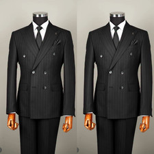 Black Men's Striped Suit Peak Lapel Business Formal 2Pcs Workwear Jacket Tuxedo