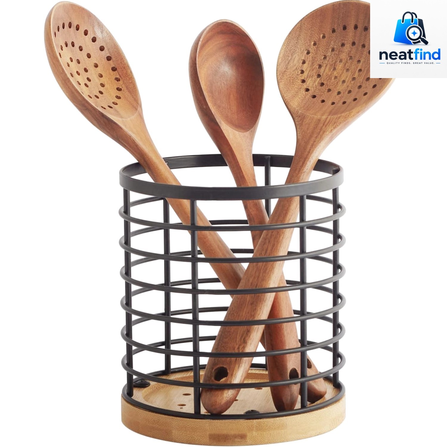Utensil holder for Kitchen Counter - 5.2" x 5.2" x 6" Large Round with Wooden...