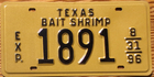 Item photo. Show Listing Details page. Listing 1996 Texas License Plate Number Tag – Bait Shrimp - NICE PLATE