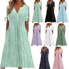 Ladies V Neck Long Dresses Women Summer Holiday Hawaiian Short Sleeve Sundress
