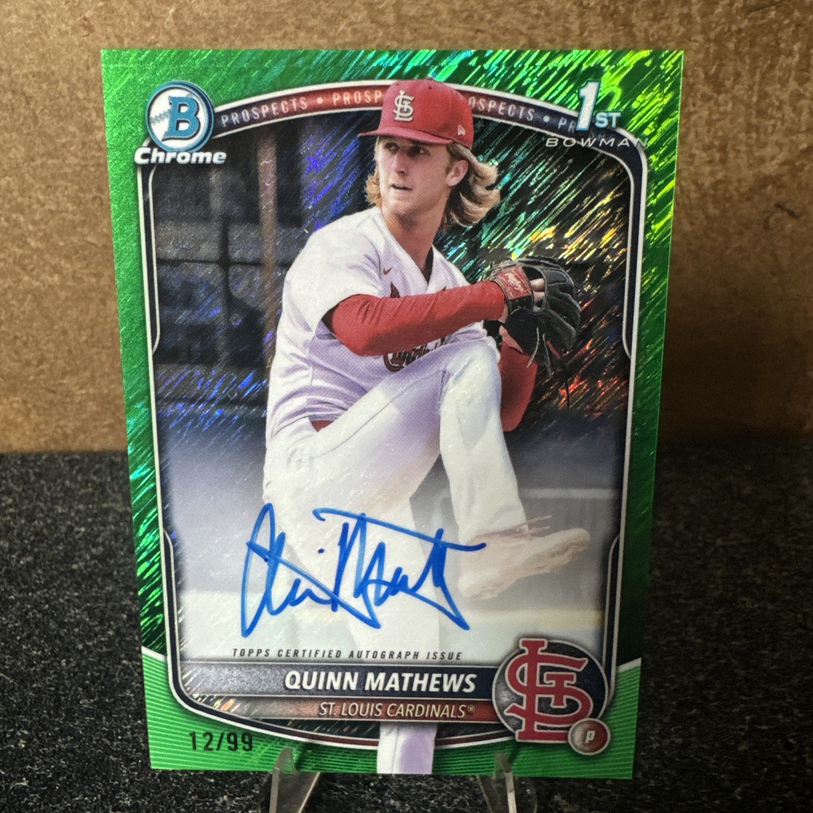 2025 Bowman Quinn Mathews Chrome 1st auto Green refractor Shimmer /99 Cardinals