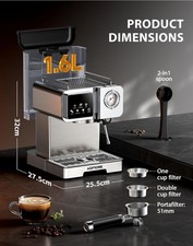 20 Bar Espresso Machine Coffee Maker 1350W Touchscreen 1.6L with Pressure Gauge 